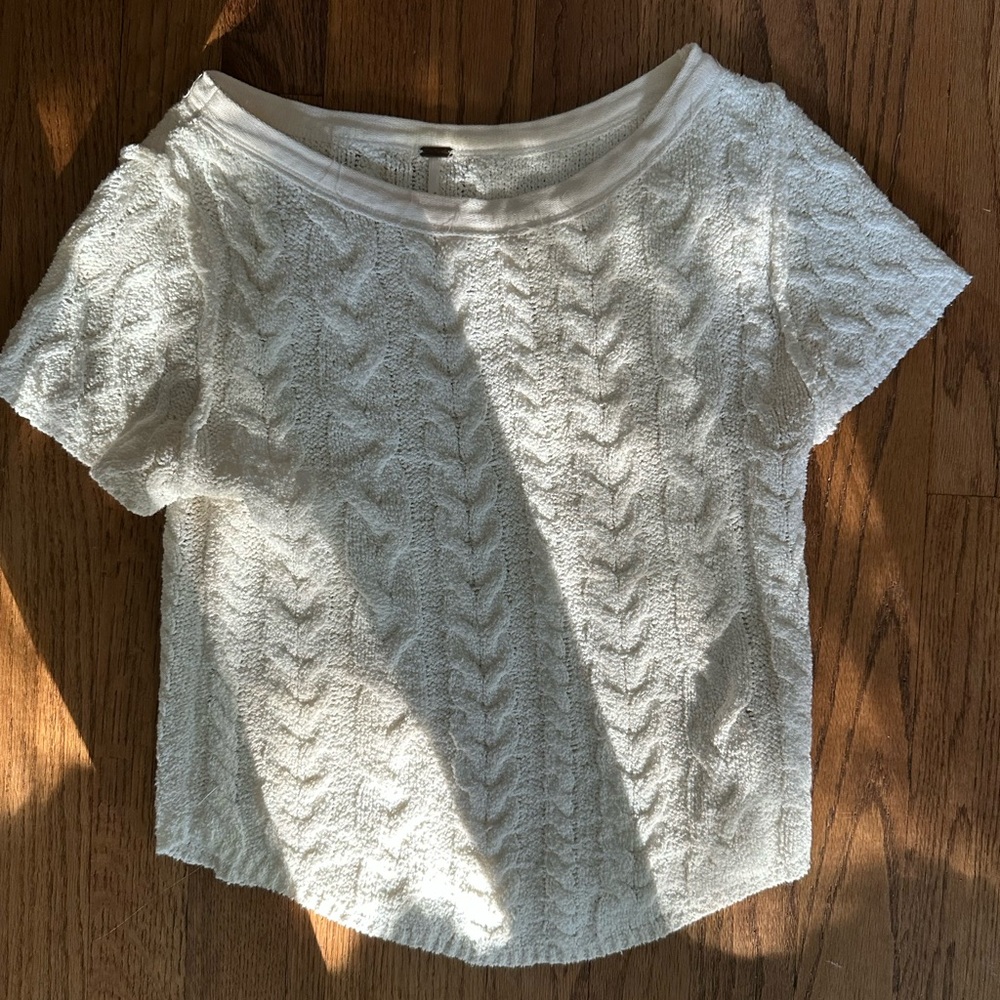Free People Cream Textured Short Sleeve Top